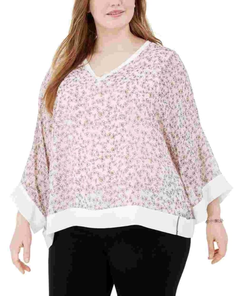 Front of a model wearing a size 3X Tommy Hilfiger Women's Plus Size Printed Chiffon Top Pink Size 3X in Pink by Tommy Hilfiger. | dia_product_style_image_id:311657